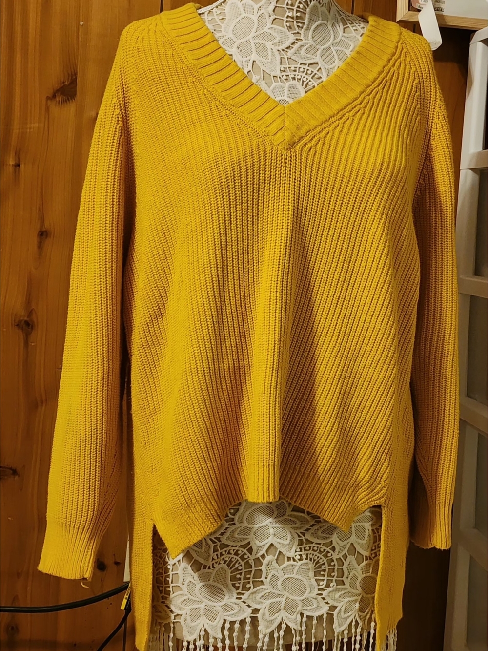 Express Mustard Yellow Chunky Ribbed V-Neck High-Low Sweater